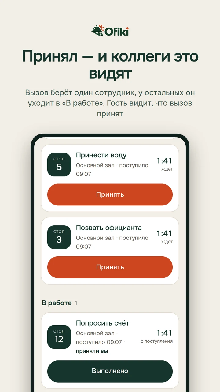 Принятые вызовы в Ofiki: задача в работе и кнопка «Выполнено»